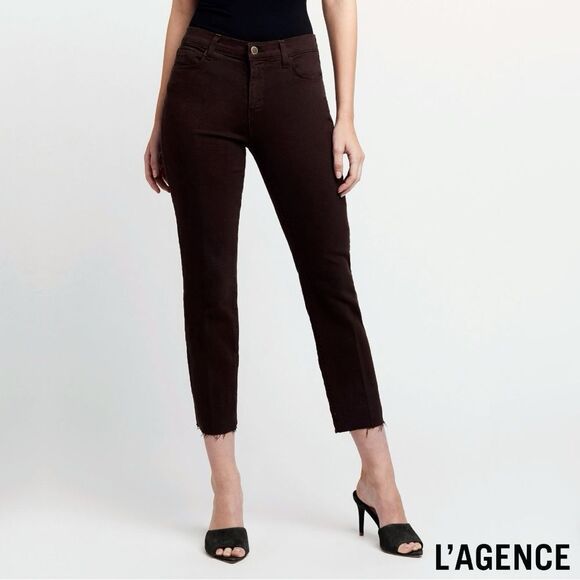 L’AGENCE **NWT** ‘Sada’ Raw Hem High Rise Cropped Jean in Espresso Brown - Picture 1 of 13
